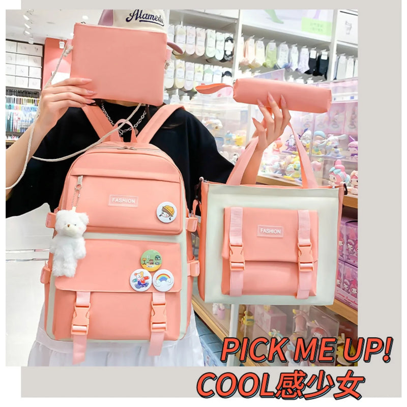 5 peça conjunto kawaii sacos de escola para meninas adolescentes lona cor sólida mochila feminina adolescente estudante escola bolsa para portátil bagpack