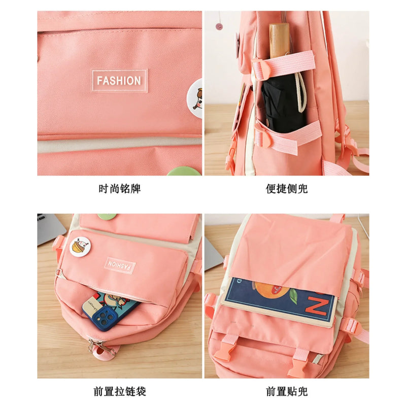 5 peça conjunto kawaii sacos de escola para meninas adolescentes lona cor sólida mochila feminina adolescente estudante escola bolsa para portátil bagpack