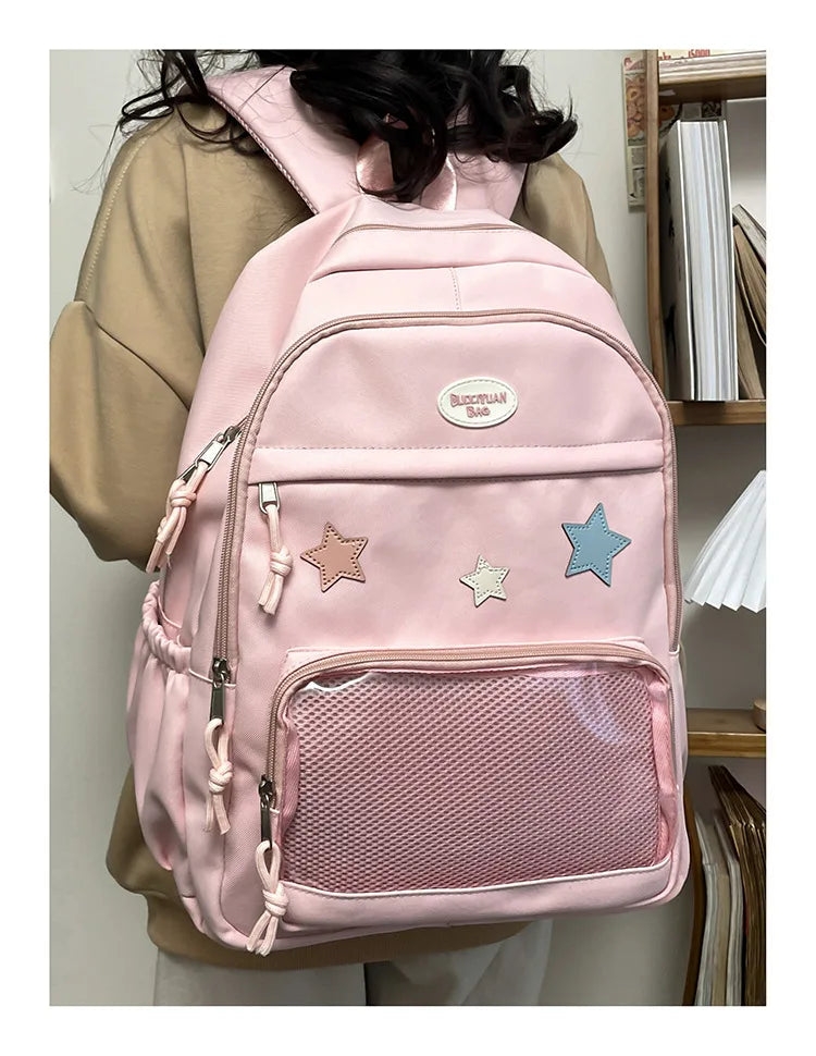 Mochila feminina transparente de estrela estética japonesa, mochila escolar kawaii casual para meninas, mochila formal de alta capacidade para estudantes, Y2k